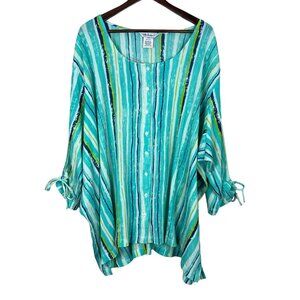Ulla Popken Tunic Top 32/34 Multicolor Stripe Button Up 100% Cotton Tie Sleeve